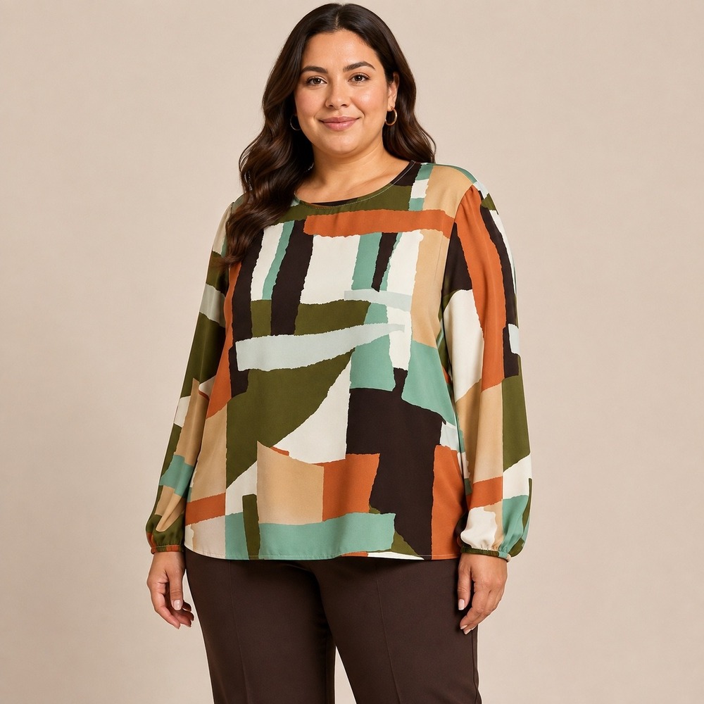 Shein 3X Geometric Colorblock Blouse Long Sleeve Flowy Retro Mod Boho Office Top